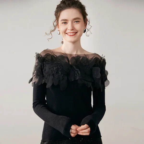 Soft Swan Neck 3D Feather Cashmere Sweater Niche Sexy Off-Shoulder Women's Cashmere Sweater Hand-Embroidered Floral