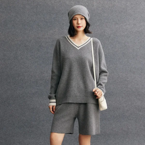 Preppy Style Mongolia Cashmere Sweaters Contrast Stripes V Neck Ribbed Knit Women's Cashmere Pullovers Exporter Corporate