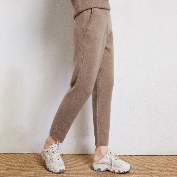 Women's Mongolian Cashmere Pants Winter Thick Warm High Waist Collection Leg Knitted Wool Pants with Pocket