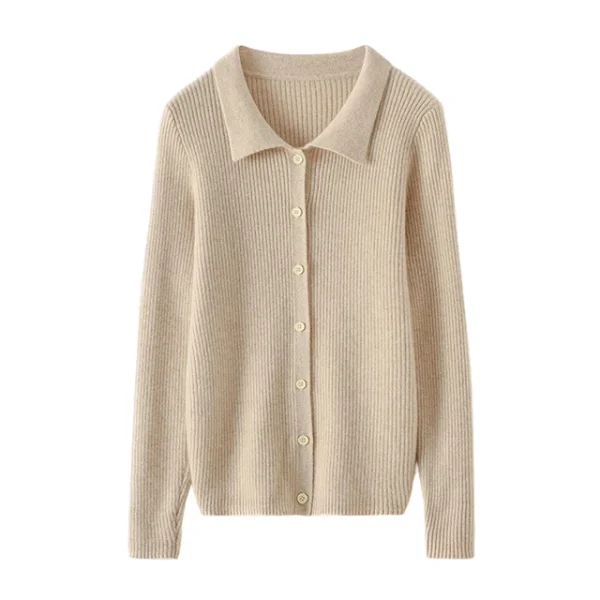 High Quality Women's Polo Neck Cashmere Cardigan Buttoned Shirt Long Sleeve Pit-Stripe Knitted 100% Cashmere Cardigan Jumper