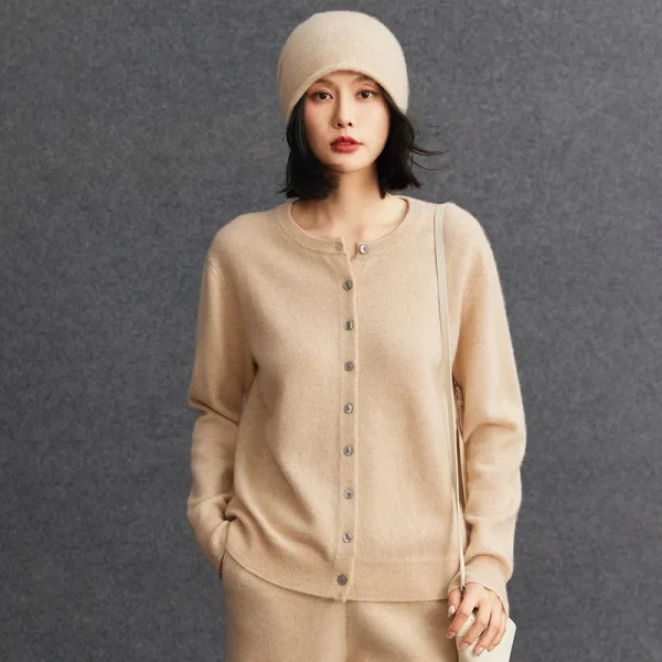 Women's O-Neck Cashmere Cardigan Casual Versatile Lightweight Button Cashmere Knit Sweater for Spring Autumn