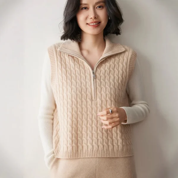 Twist High Neck Layered Knit Vest Elegant Sleeveless Cardigan Sweater Half-Zip Cashmere Vest for Women