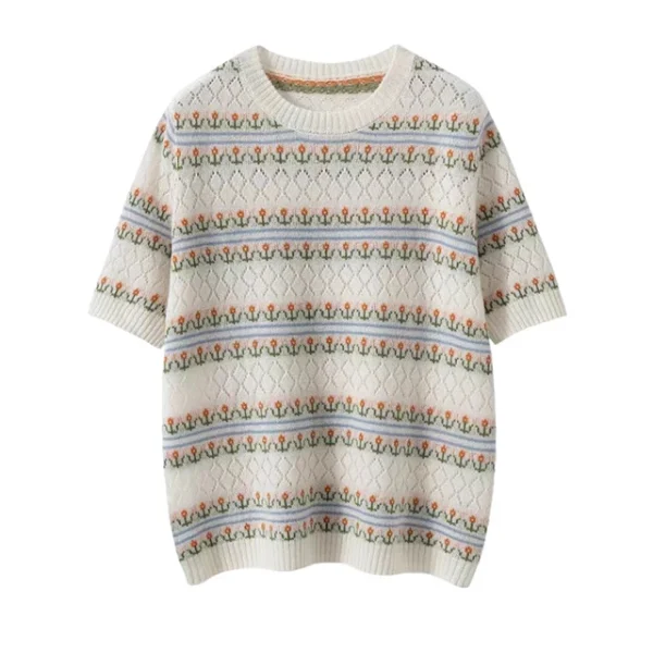 Fair Isle 100% Cashmere Short-Sleeve Sweater Round Neck Hollow-Out Jacquard Knit Pullover T-shirt for Spring Autumn