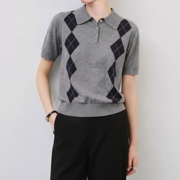 Ladies Argyle Knit Top Sweater Shirt Women Argyle Rhombus Knit Collared Polo Sweater
