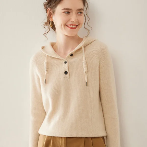 Apparel Mongolia Cashmere Sweater Henley Knit Hoodie Raglan Sleeve Drawstring Pullover Slouchy Knitted Cashmere Sweatshirt