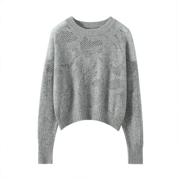 Women's 100% Cashmere Knit Sweater Hollow-carved Design Long Sleeve Pullover Casual Short Jumper for Spring Autumn