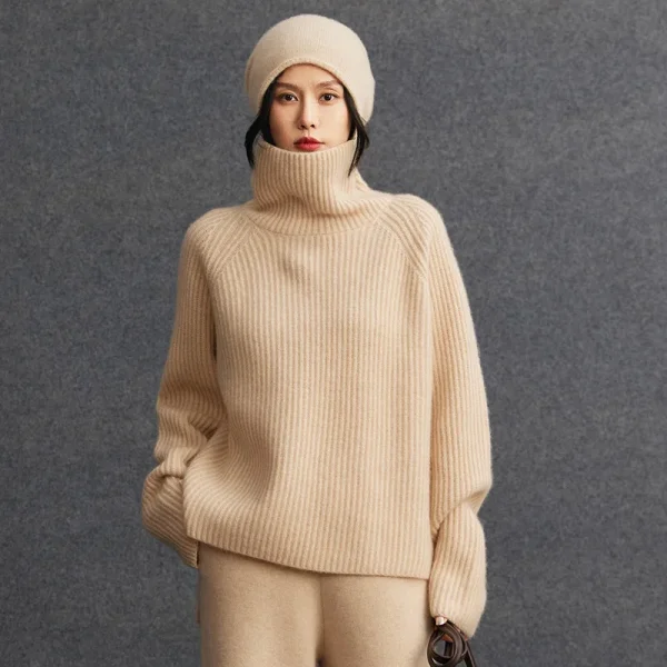 Women's Turtleneck Cashmere Sweater Loose Casual Solid Color Rib Knit Chunky Cashmere Wool Jumper Pullover