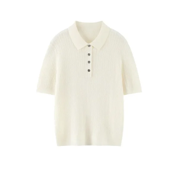 Super Fine Wool Short-sleeved Sweater for Women Spring Summer Solid Color Loose Polo Collar Thin Knitted Wool T-shirt