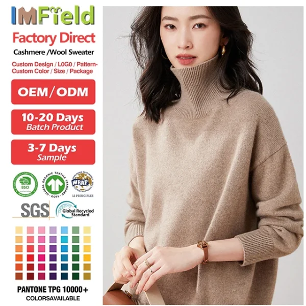 Turtleneck Wool Cashmere Sweater for Women Casual Solid Long Sleeve Knit Pullover Ladies Jumper