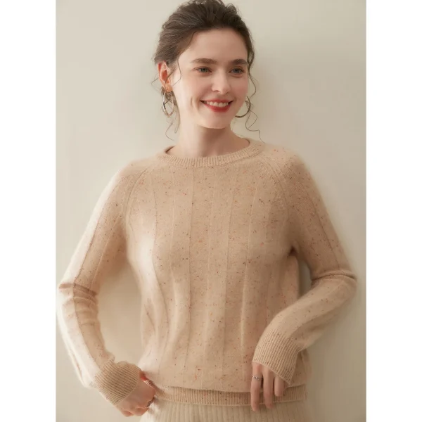 Speckled Mongolia Cashmere Sweater Wide Ribbed Crewneck Pullover Raglan Sleeve Cashmere Jumper for Women