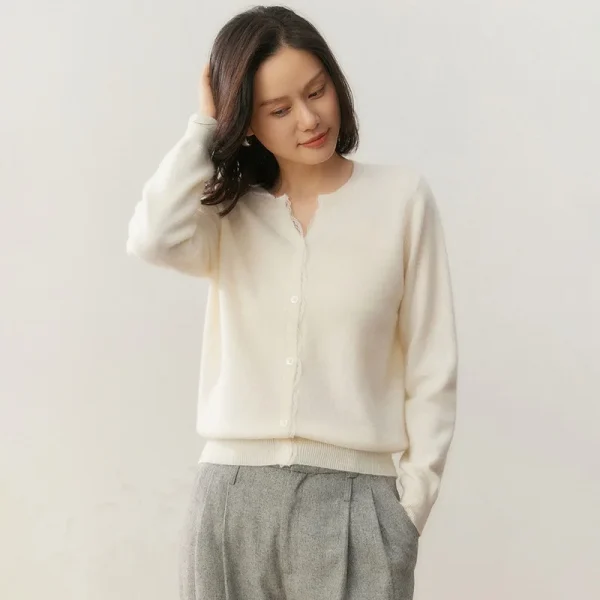Women's Lace-Trimmed Cashmere Cardigan Classical Round Neck Button Down Front Knitted Wool Sweaters for Spring Autumn