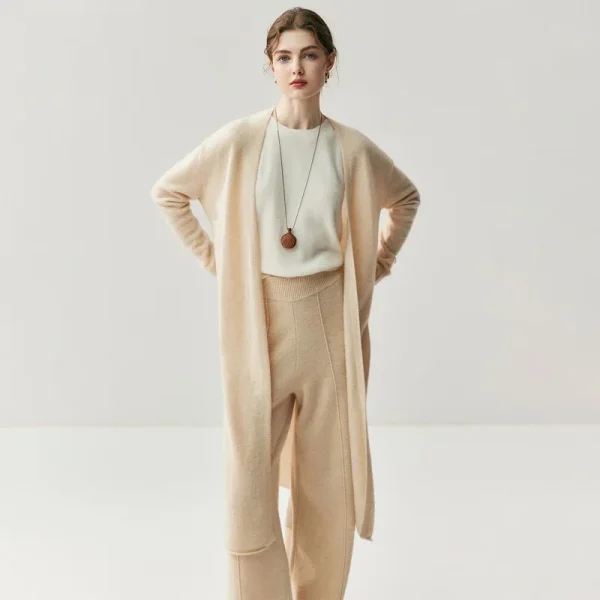 Long Cashmere Cardigan for Women Solid Color Versatile Outerwear with a Relaxed Drapey Wool-knit Design