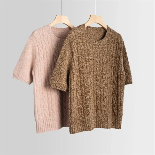 Short Sleeve Cashmere Sweater Women Casual Round Neck Thin Cable Knit Wool T Shirt Jumper
