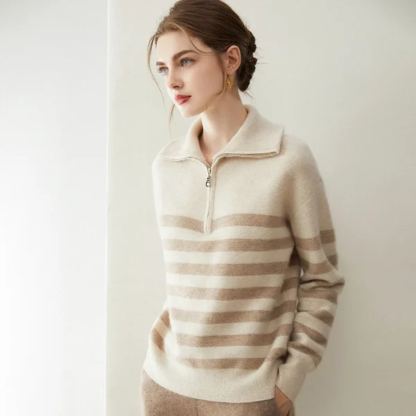 Women's Quarter Zip 100% Cashmere Sweater Striped High Neck Long Sleeve Pullover for Spring Autumn