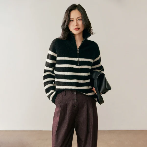 2026 Women's 1/4 Zipper Cashmere Sweaters Turtleneck Long Sleeve Striped Pullover Thick Warm Knitted Ladies Jumper