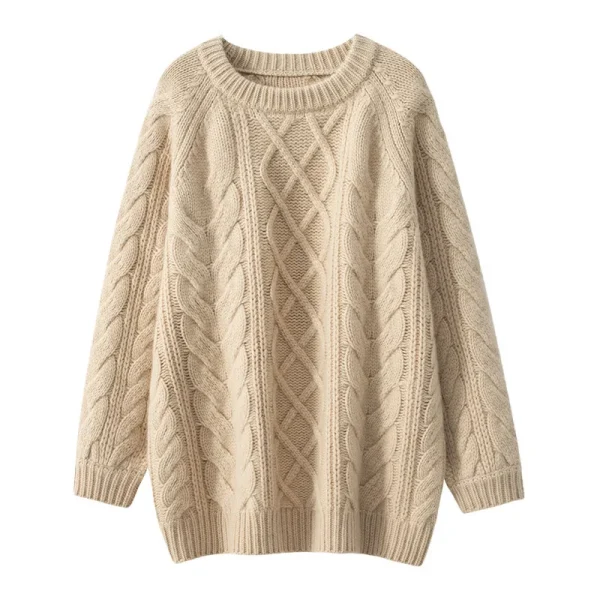 Women's Thick Wool Cashmere Sweater Winter Warm Solid Color Crew Neck Cable Knit Pullover Loose Tops