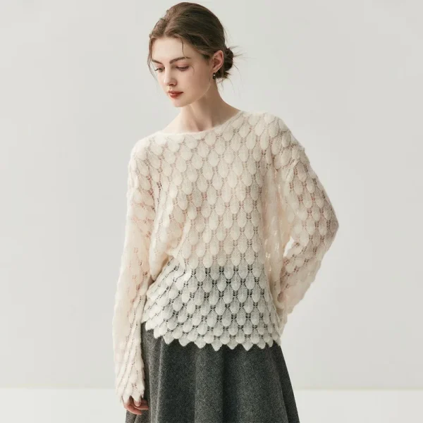 Women Hollow-out Silk Cashmere Sweater Korean Style Casual Lightweight One-word Colla Pullover