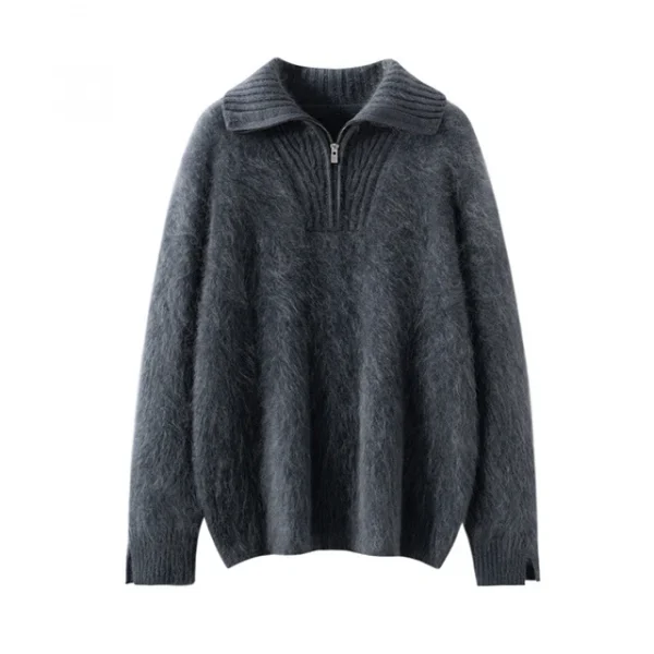 Zip up Fuzzy Mohair Sweater Womens Winter Warm Thick Lapel Brushed Pullover