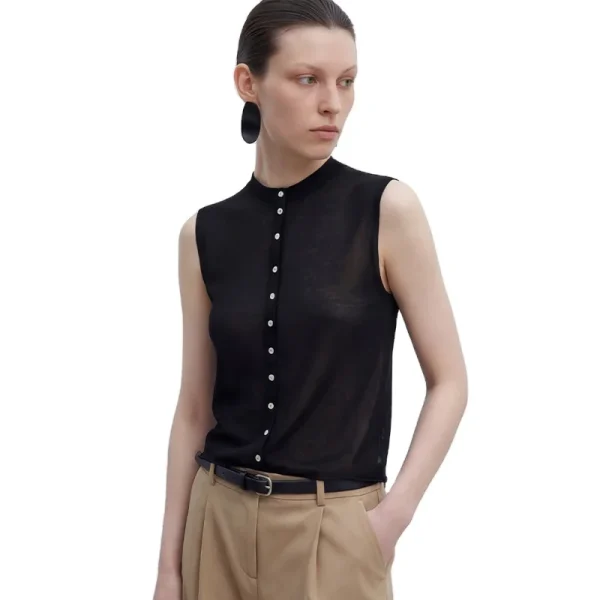60s 100% Cotton Half-turtleneck Sleeveless Top Single-breasted Knitted Vest Thin Inner-layer Knitwear