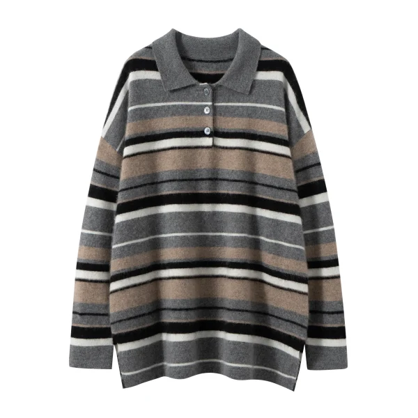 Women's Striped Cashmere Sweater College Style Polo Neck Jacquard Knitted Pullover Loose Casual Jumper