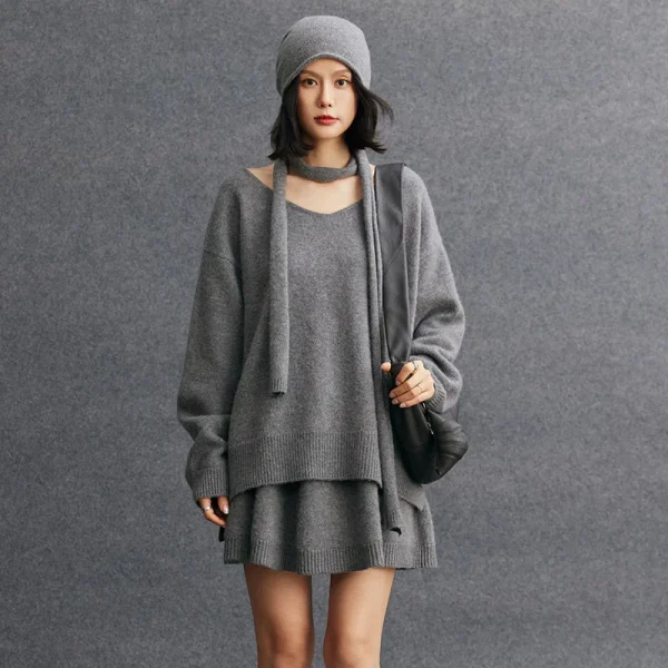 Oversized Women's Cashmere Knit Pullover High Quality Solid Color V-neck Organic Cashmere Sweater
