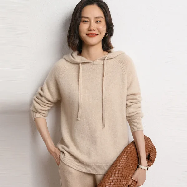 Drawstring Hooded Mongolia Cashmere Jumper Raglan Slouchy Wool Blend Knit Sweaters Labeling