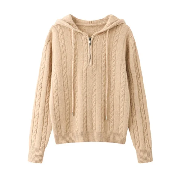 Vintage Half Zipper Women's Cashmere Hoodie Autumn Winter Thickened Cable Knitted Pullover Blend Sweater