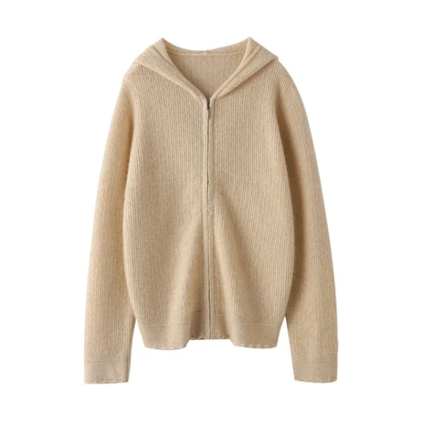 Women Zippered Cashmere Cardigan with Hoodie Casual Long Sleeve Knitted Cardigan Sweater for Spring Autumn