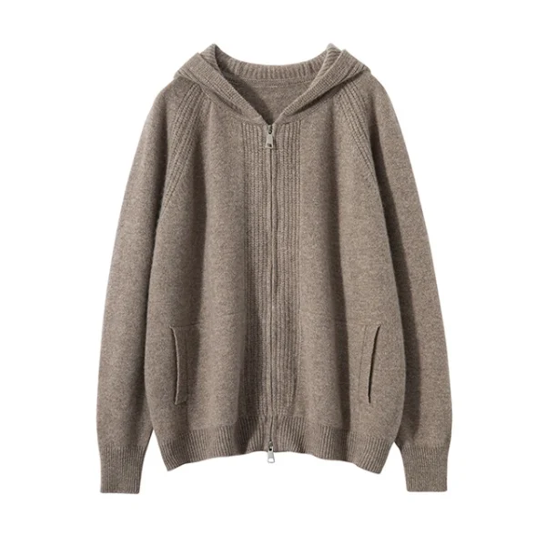 Luxury Women's Zippered Cashmere Cardigan with Hoodie Double Pockets Design High Quality Solid Color Knitted Coat