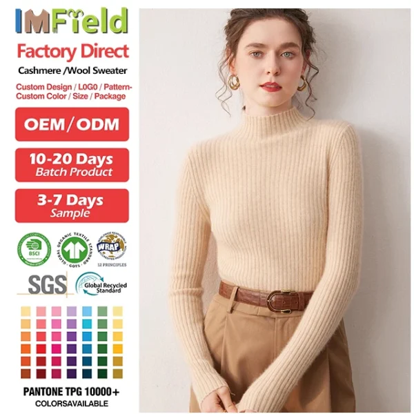 Women's Mongolian Cashmere Sweater Half Turtleneck Rib Knit Slim Fit Pullover