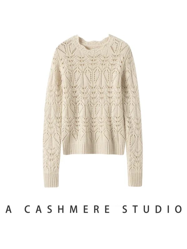 Vintage Heart-shaped Hollow-out Crew Neck Cashmere Sweater Women's Autumn/winter Sweater Soft Pullover Knitted Top 5-gauge Heavy