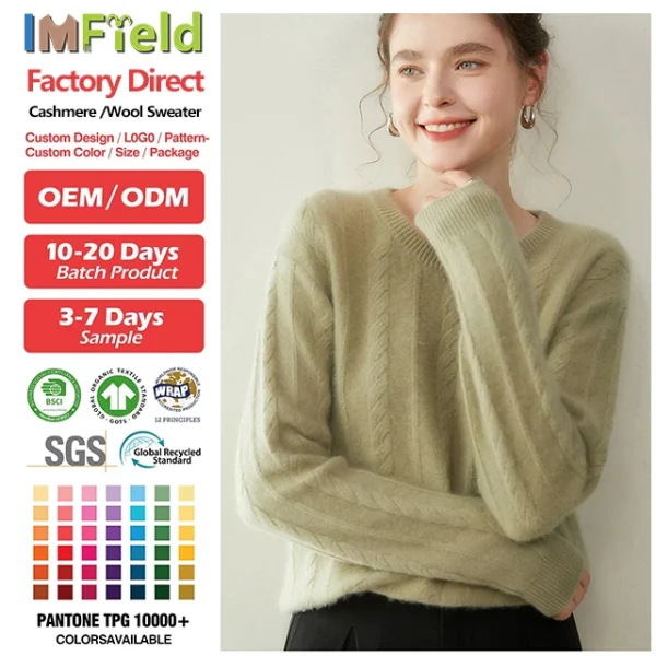 Women's Wool Cashmere Sweater Korean Style Luxury Crew Neck Cable Knit Pullover Jumper for Fall Winter