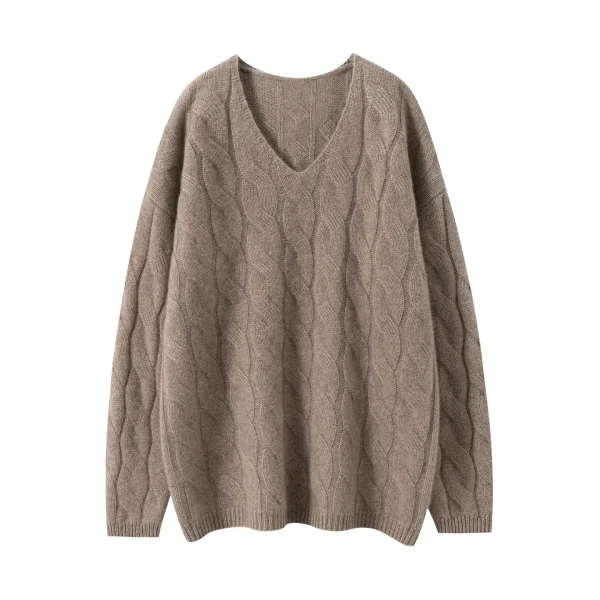 Luxury Women's V-neck Cashmere Sweater Cable Knitted Pullover Solid Color Loose Thick Jumper Top