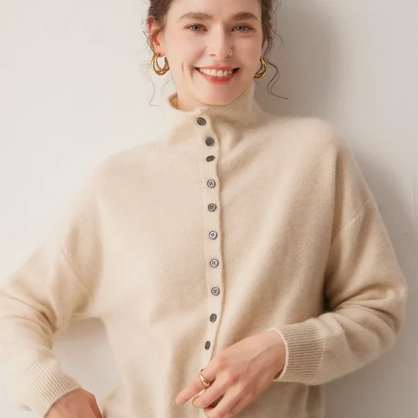 100% Cashmere Women's Half-high Collar Stylish Urban Style Coat Loose Casual Simple Commuting Knitted Cardigan