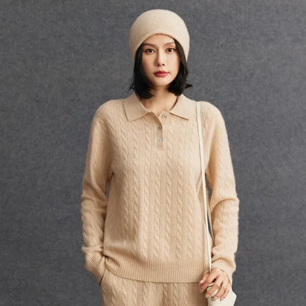 Premium Mongolia Cashmere Jumper Cable Knit Button Placket Polo Neck Long Sleeve Soft Autumn Women Cashmere Sweaters