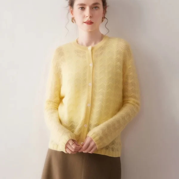 Sheer Openwork Pure Cashmere Button Down Sweater Soft Lightweight Women Cardigan Private Label Vendor