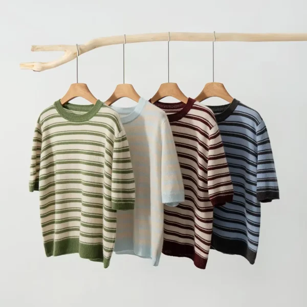 Classic Striped 100% Cashmere Short Sleeve Tee Casual Round Neck Knit Sweater Pullover T-shirt for Women