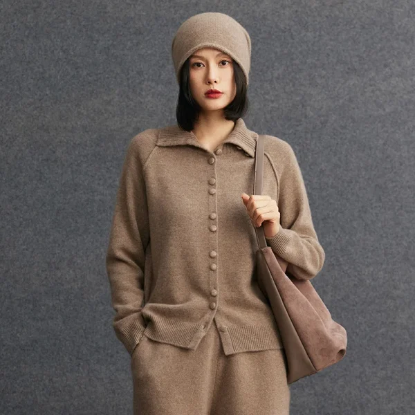 Spread Collar Women's Blend Cashmere Sweater Raglan Sleeve Multi-Button Cashmere Knit Cardigan Outerwear Mongolia