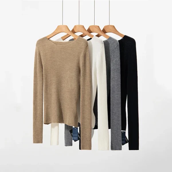 Round Neck 100% Wool Sweater for Women Long Sleeve Yangzi Yarn Water Ripple Seamless Pure Wool Pullover Base Shirt Top