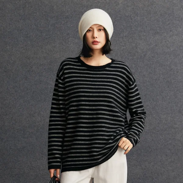 Nautical Style Premium Mongolia Cashmere Sweater Horizontal Stripes Knitwear Crewneck Loose Wool Pullover Top